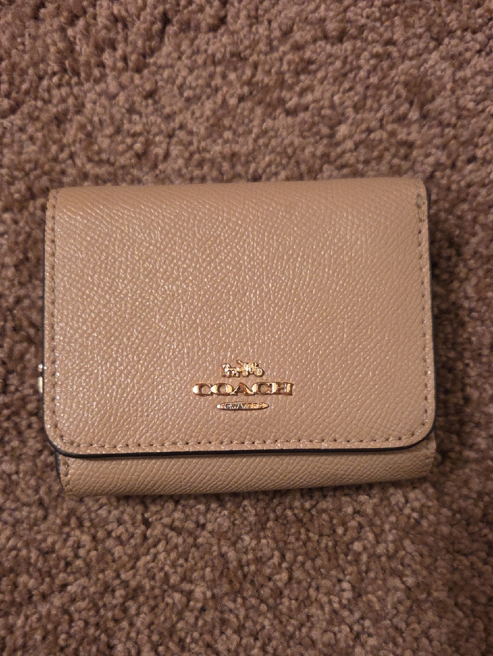 Coach Compact Trifold Wallet in Beige with Gold Logo